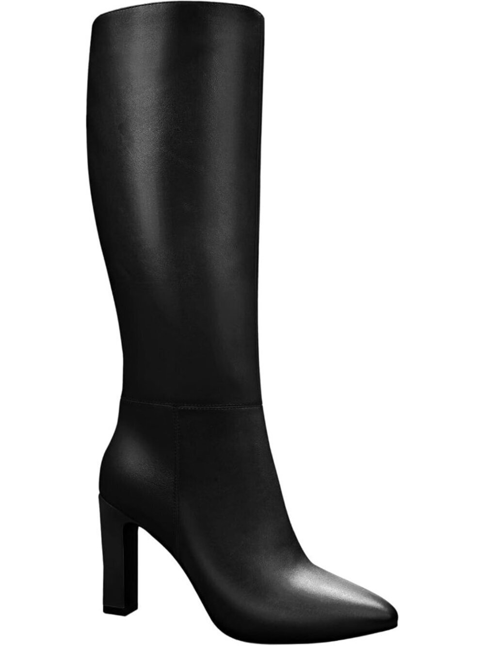 Women's Black Leather Mid Block Heel Pointed Toe with Side Zipper Winter Boots